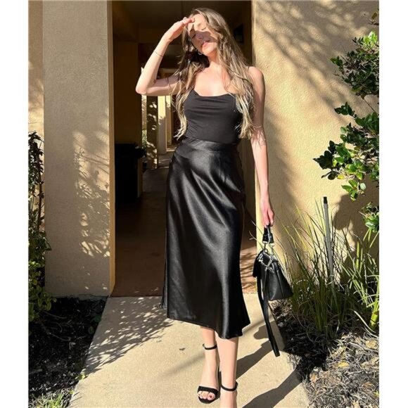 Skirts for Women Jacquard High Waist Skirt Black Elegant Midi Skirt Satin - Picture 4 of 7